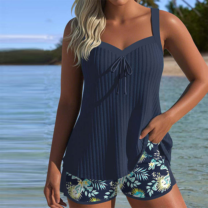 Women's tie front sweetheart tropical tankini swimsuit set with floral print top and matching boyshorts.