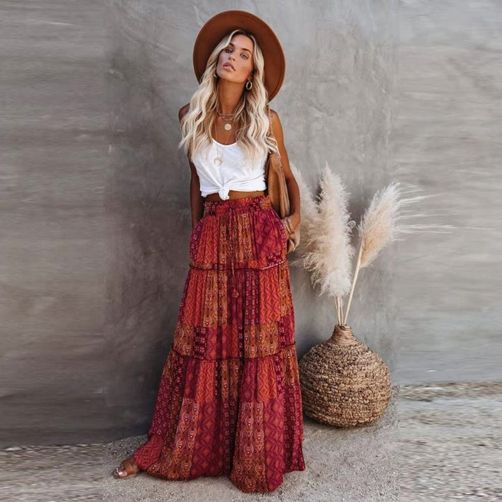 High waist floral tiered maxi skirt, ideal for vacation, beach, or casual summer comfort.