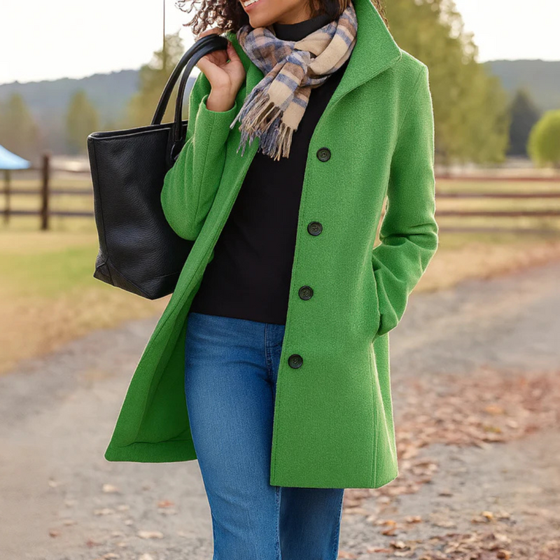 Stylish women's long sleeve button-up coat. Elegant outerwear, perfect for workwear & casual fall style.