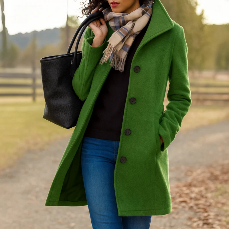 Timeless women's button-up coat. Classic design, ideal for versatile fall/winter fashion & elegance.