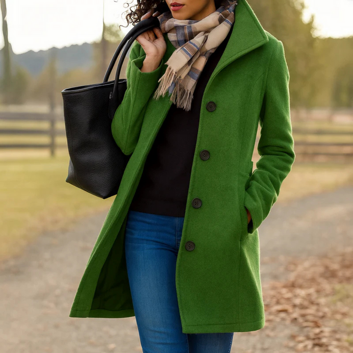 Timeless women's button-up coat. Classic design, ideal for versatile fall/winter fashion & elegance.