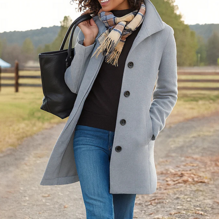 Versatile women's button-up coat, ideal for classic fall fashion. Timeless and elegant outerwear.