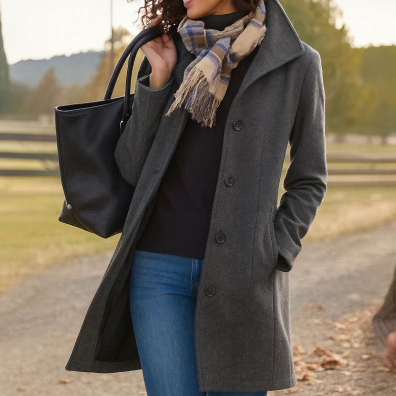 Sophisticated women's button-up coat for fall/winter. Timeless elegance, perfect for versatile layering.
