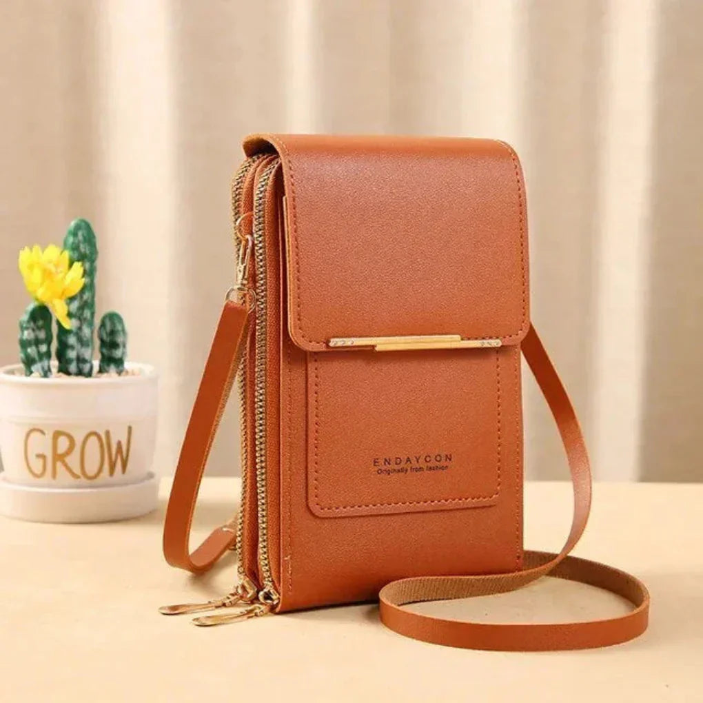 Fashionable women's touch screen crossbody phone bag with strap, a practical accessory for modern hands-free living.