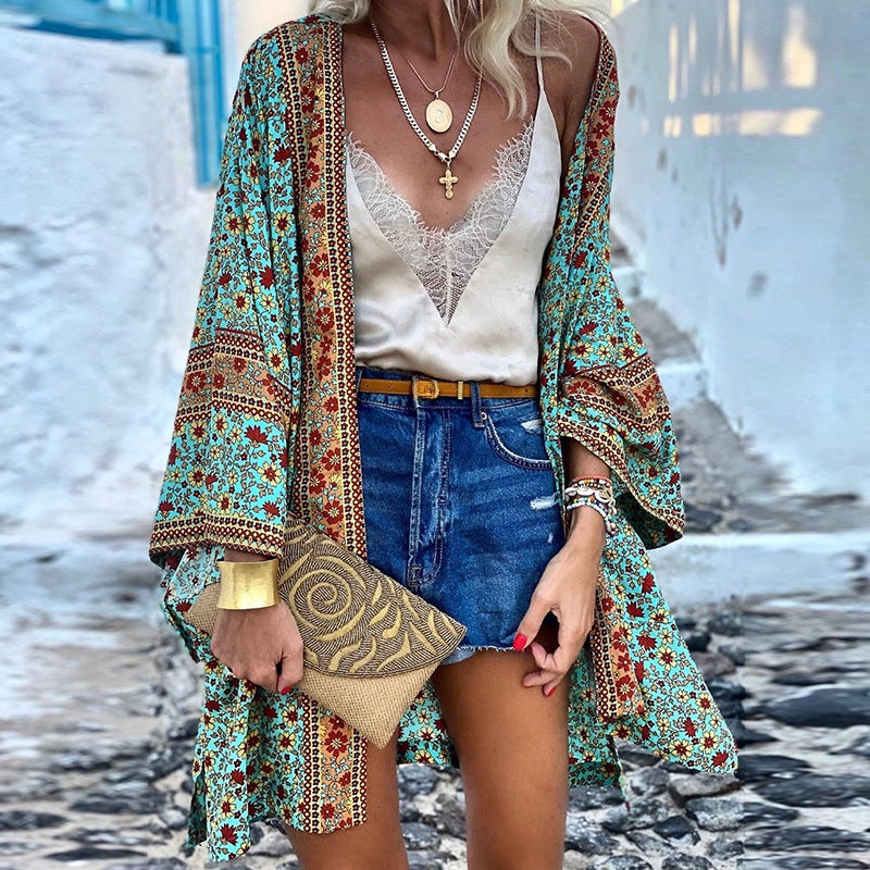 Loose fit women's boho cardigan, vibrant pattern, comfortable & stylish for everyday fashion and layered look.