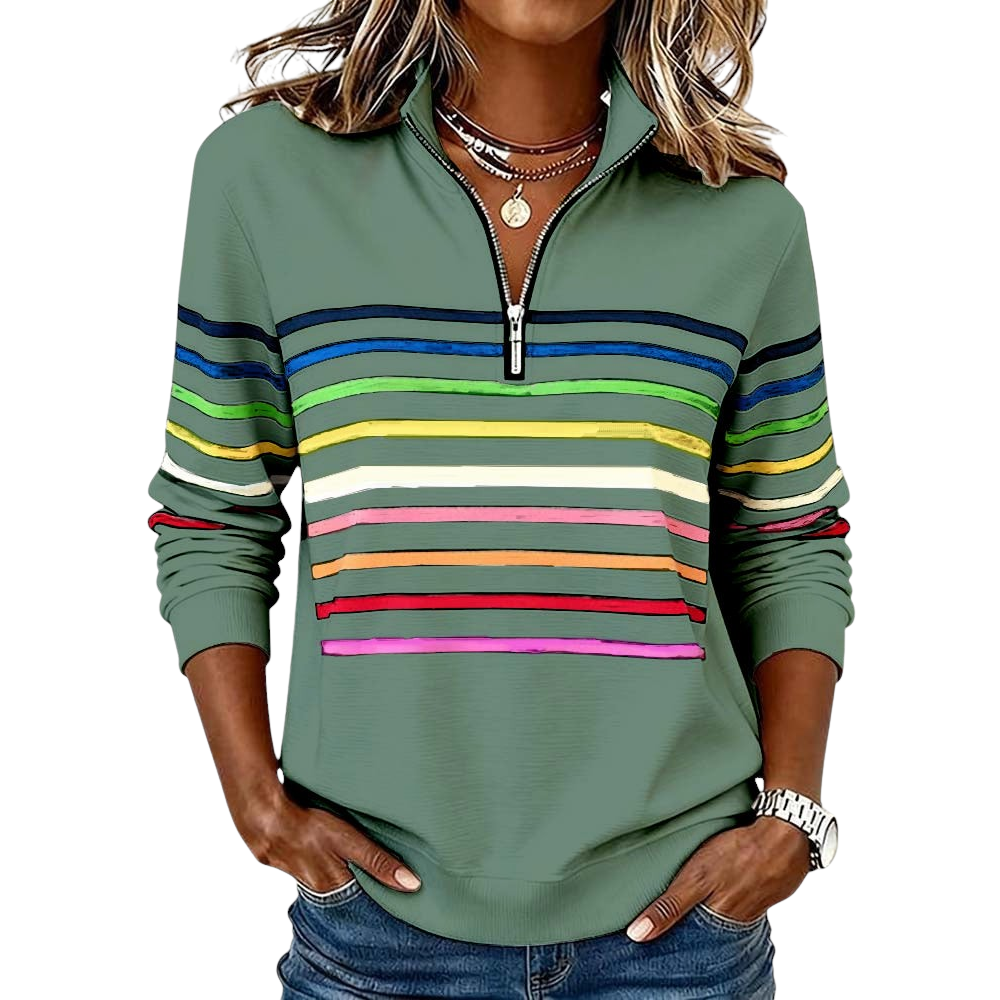 Essential women's colorful zipper top. Comfortable, loose fit design for trendy everyday and casual wear.