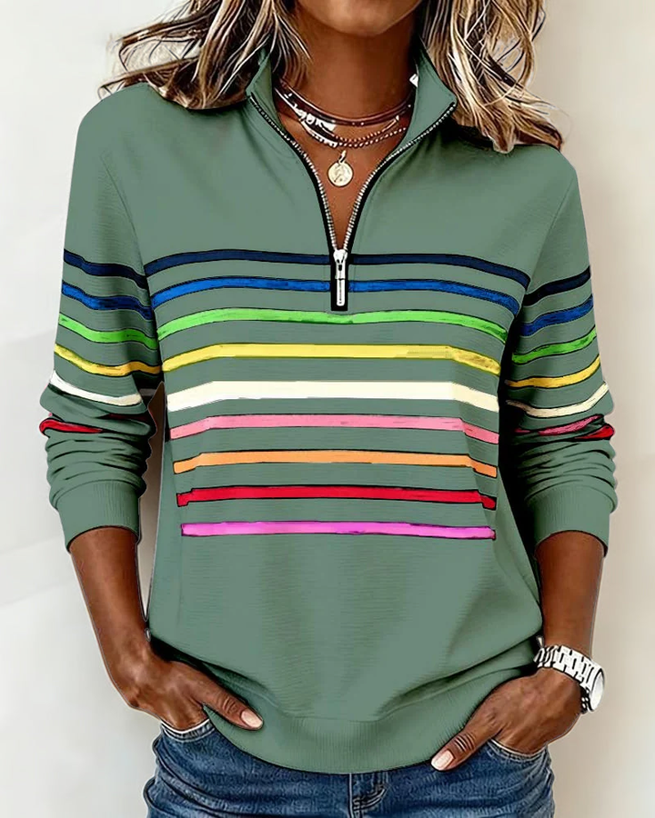 Soft, comfortable women's colorful zipper top. Trendy loose fit blouse, perfect for everyday casual style.