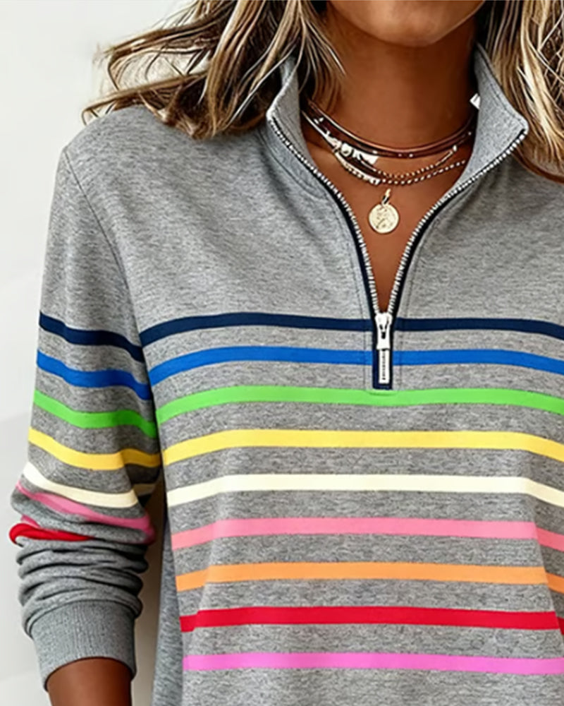 Comfortable women's colorful zipper top with a loose fit, ideal for trendy everyday casual wear.