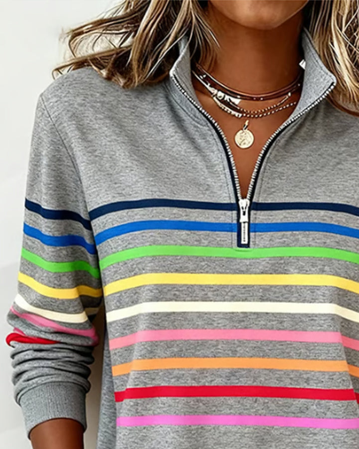 Comfortable women's colorful zipper top with a loose fit, ideal for trendy everyday casual wear.