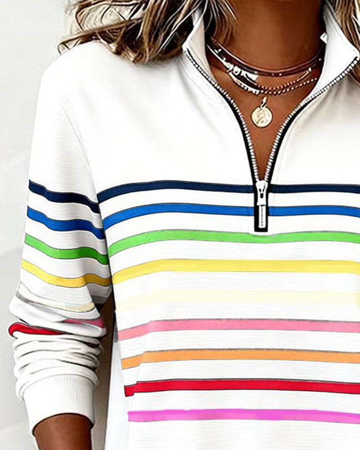 Vibrant women's colorful zipper top, designed for everyday comfort and a trendy, loose fit style.