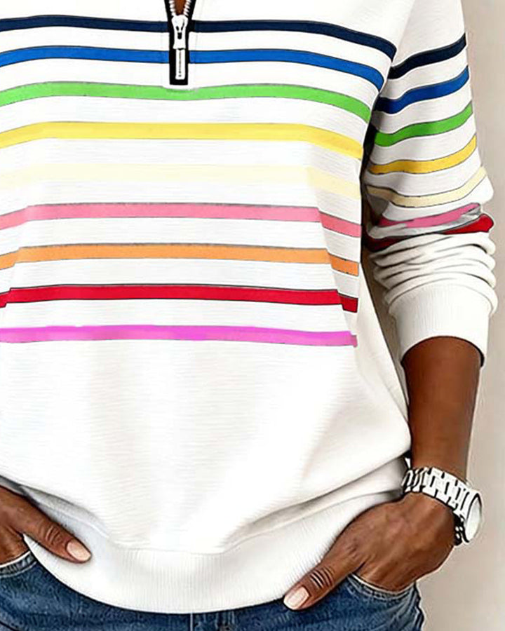 Modern women's colorful zipper top, a loose fit blouse for trendy everyday fashion and casual autumn/spring wear.