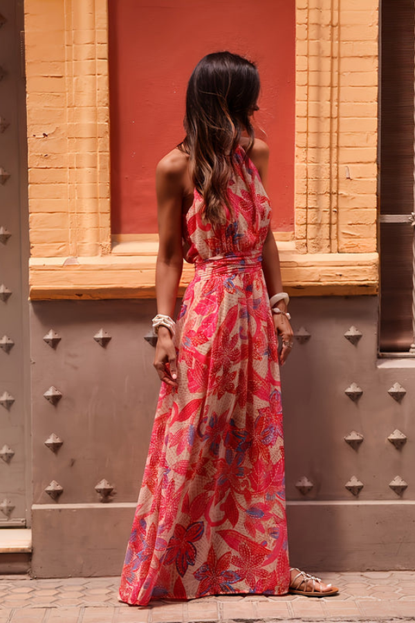 Women's tropical halter neck keyhole maxi dress, perfect for beach vacations & resort wear.