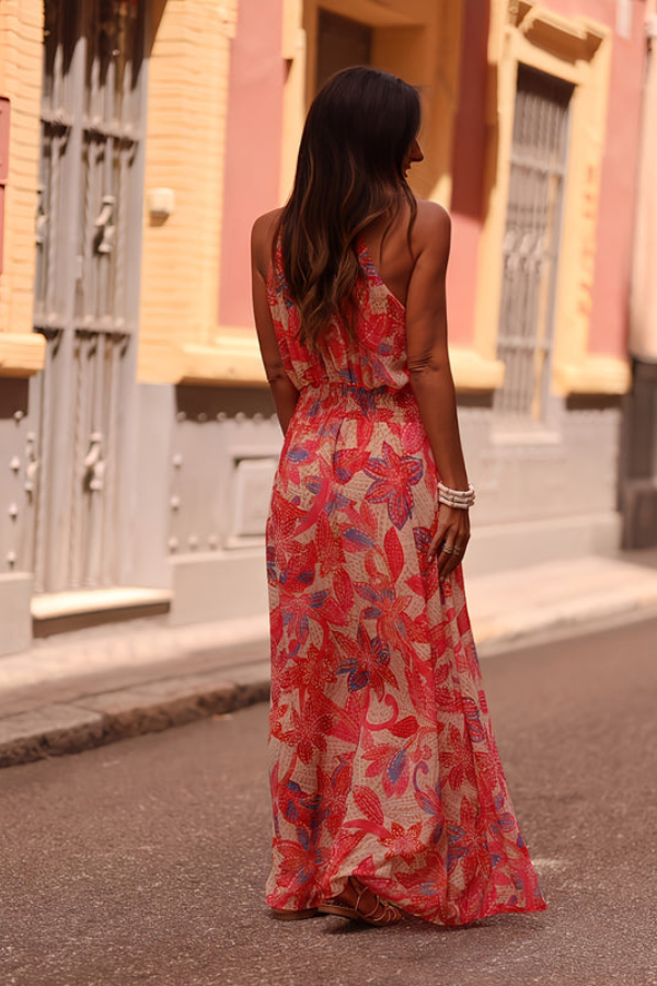 Flowy tropical summer maxi dress, halter neck with keyhole, ideal for resort and beach.