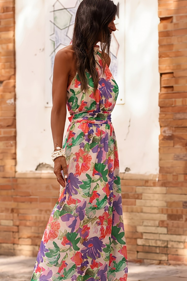 Comfortable tropical vacation dress for women, halter neck & keyhole, long flowy silhouette.