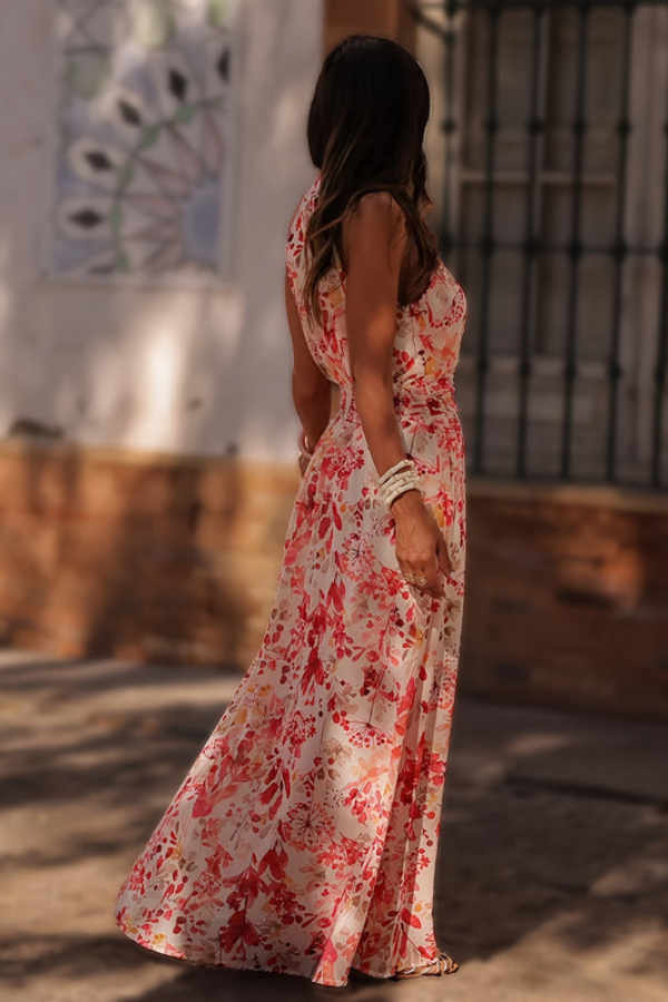 Floral tropical print women's maxi dress, sophisticated halter neckline & keyhole detail.