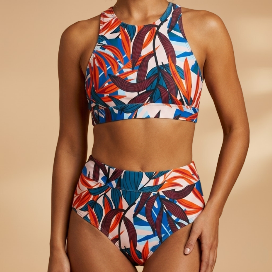 Women's elegant tropical high neck top and high waisted bottoms bikini, perfect for summer swimwear.