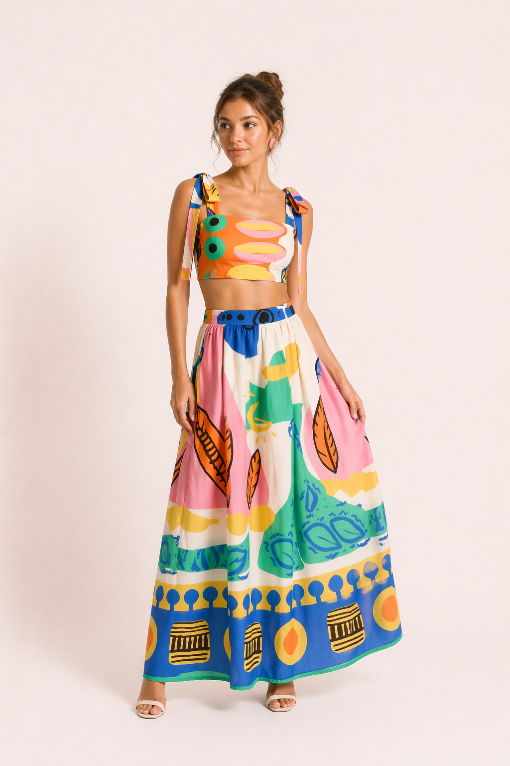Women's tropical print crop top & flowing maxi skirt set. Perfect summer vacation outfit, resort wear, beachwear.