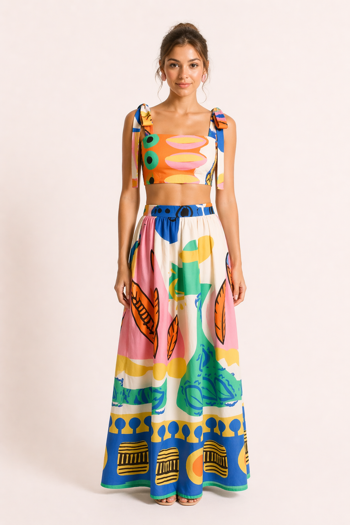 Women's matching tropical print crop top and long maxi skirt set. Ideal for holiday style, summer beachwear.