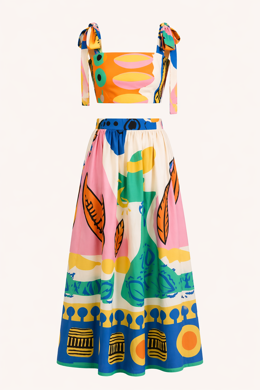 Elegant women's tropical print crop top & flowing maxi skirt set for vacation outfits. A perfect summer look.