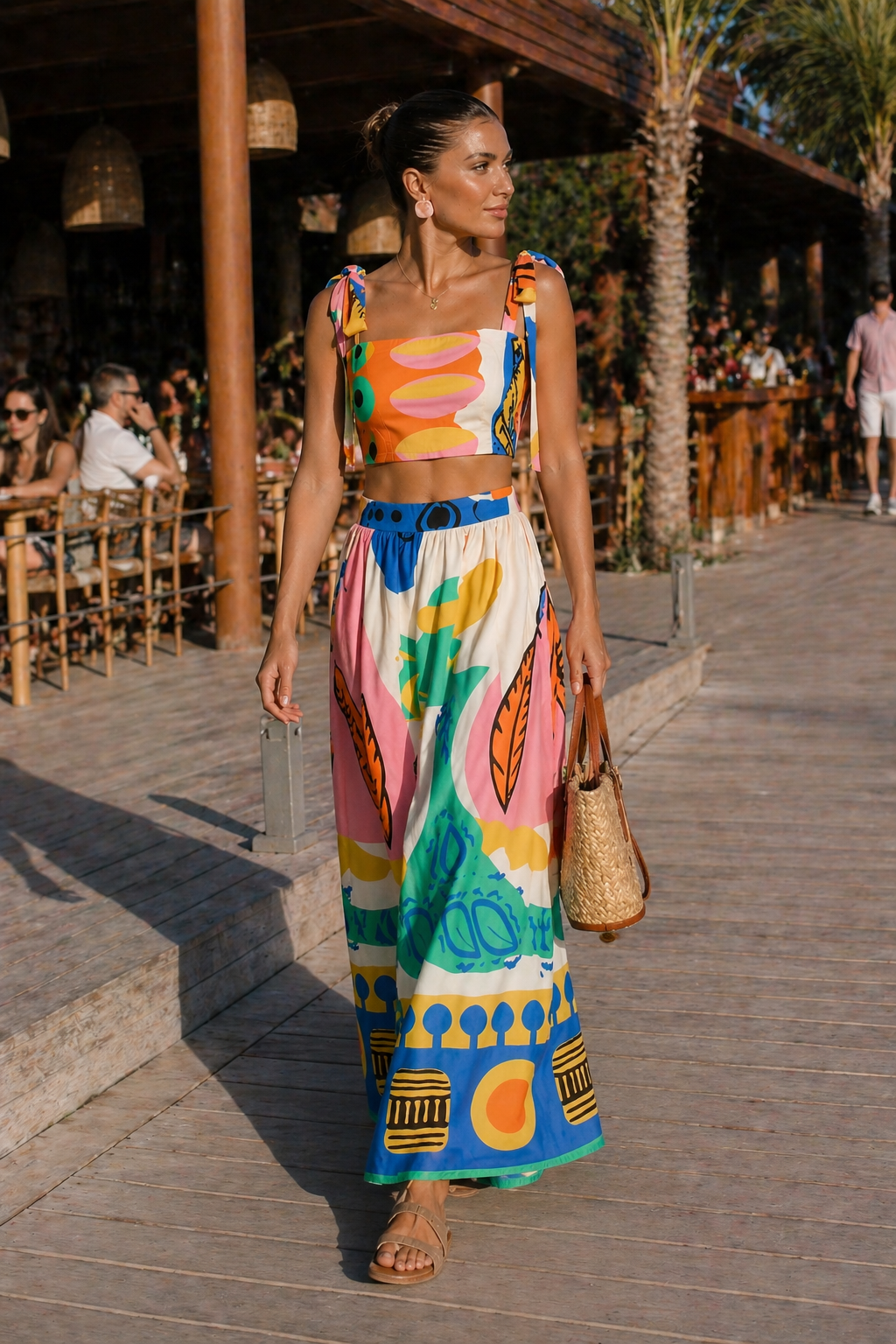 Stylish women's tropical print crop top & maxi skirt set. Perfect sleeveless summer fashion & resort wear.