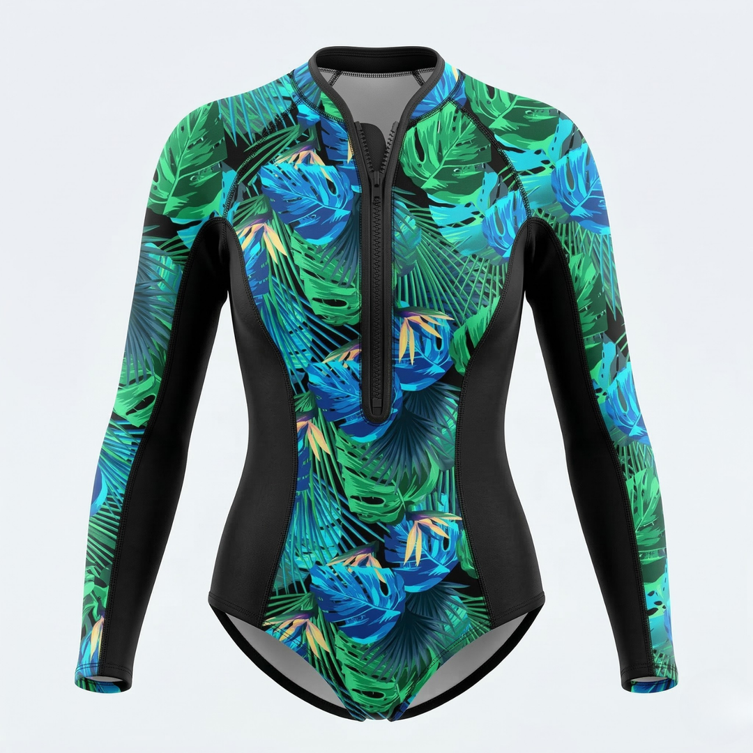 Paddleboarding women's surf suit with a bright tropical print, providing excellent long sleeve UV coverage.