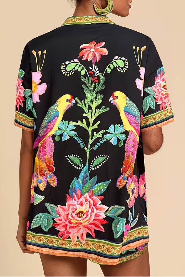Comfortable women's tropical floral print matching set, a stylish two-piece summer outfit for casual wear.