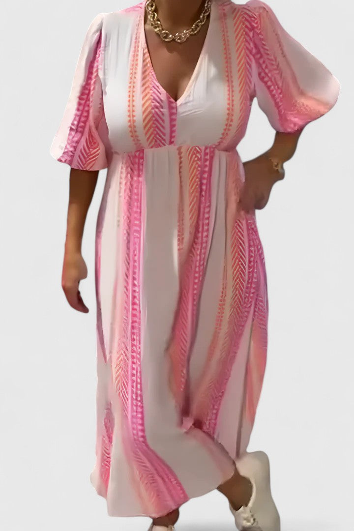 Women's tropical stripe V-neck maxi dress with puff sleeves & empire waist. Perfect summer vacation or resort wear.