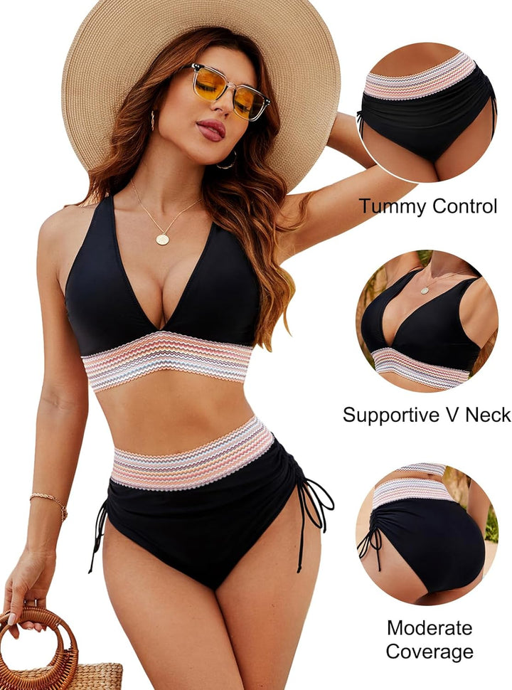 Chic women's two-piece tummy control bikini set, featuring a push-up top and high-waisted bottom.