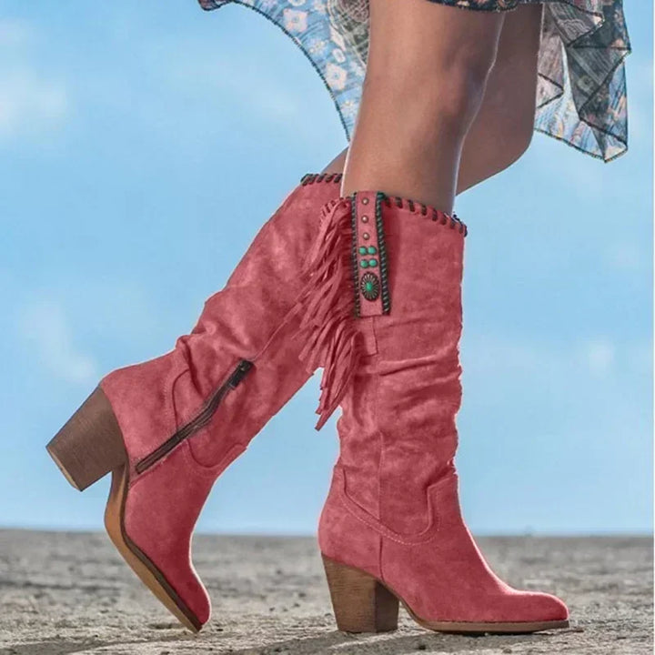 Women's turquoise fringe & studded western mid-calf boots with block heel. Perfect for boho cowgirl style.