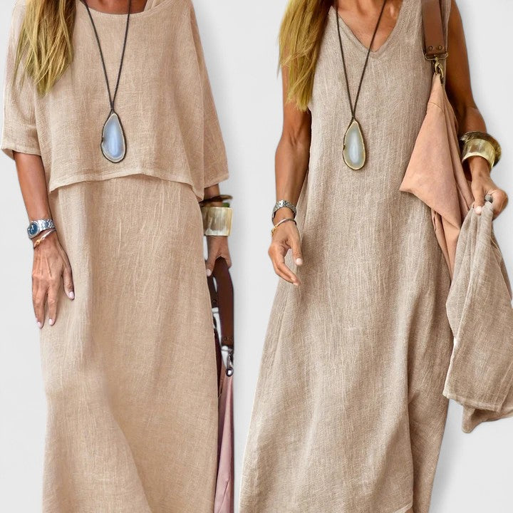 Women's two-piece maxi dress set with short sleeve top, perfect for casual summer outings.