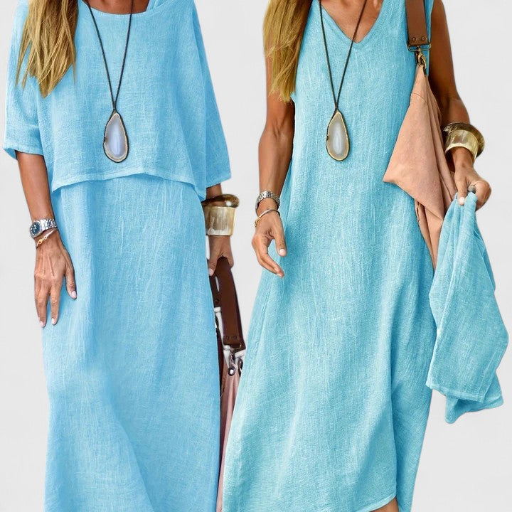 Versatile women's two-piece set: flowing maxi dress & comfy short sleeve top for spring/summer style.