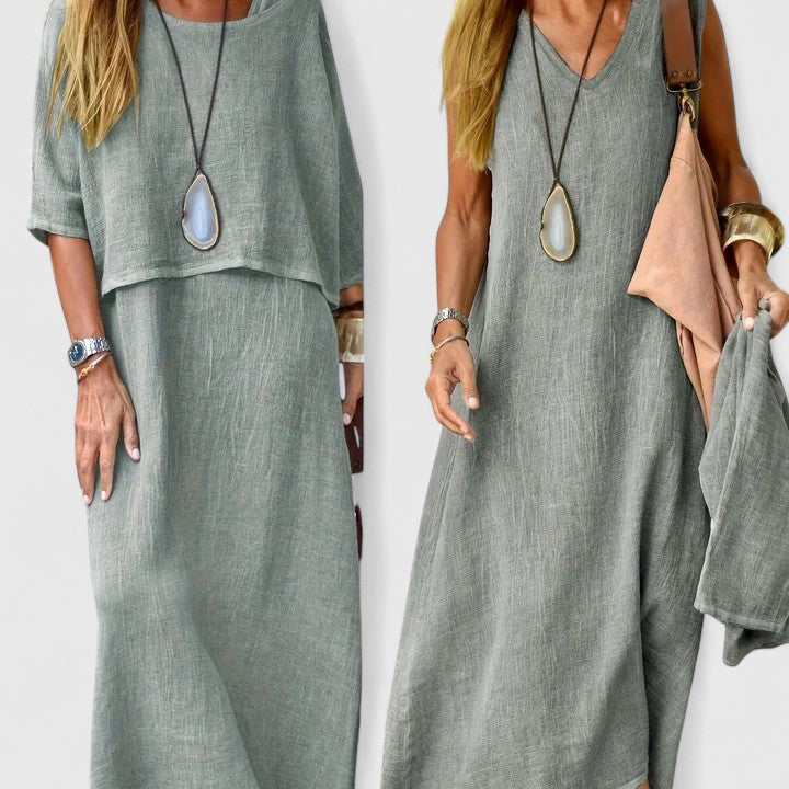 Elegant women's two-piece maxi dress & short sleeve top set, ideal for comfortable vacation wear.