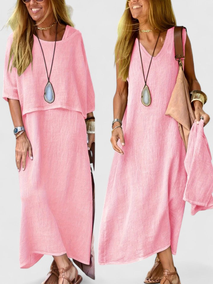 Stylish women's two-piece set: breezy maxi dress paired with flattering short sleeve top for spring.