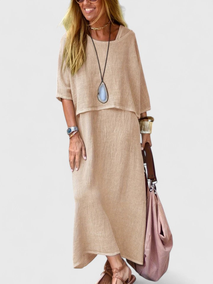 Women's two-piece outfit featuring a sleeveless maxi dress & matching short sleeve tee for warm weather.