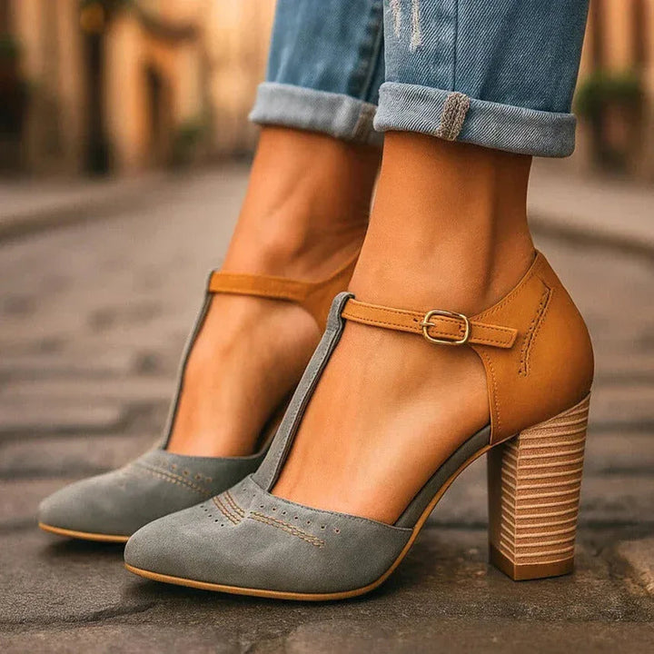 Women's two-tone block heel pumps for stylish all-day comfort. Versatile classic heels for work or daily wear.