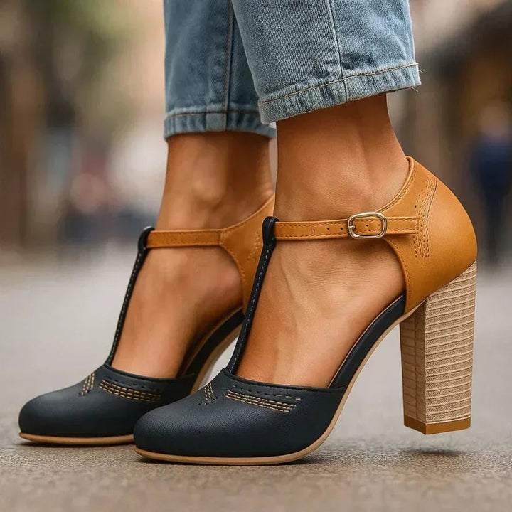 Comfortable two-tone block heel pumps designed for women. Perfect classic heels for daily wear, work, or dress.