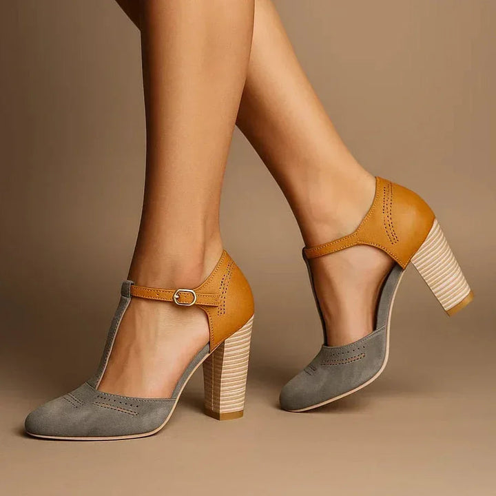 Elegant women's two-tone block heel pumps. Classic comfortable heels perfect for office, daily wear, or special occasions.