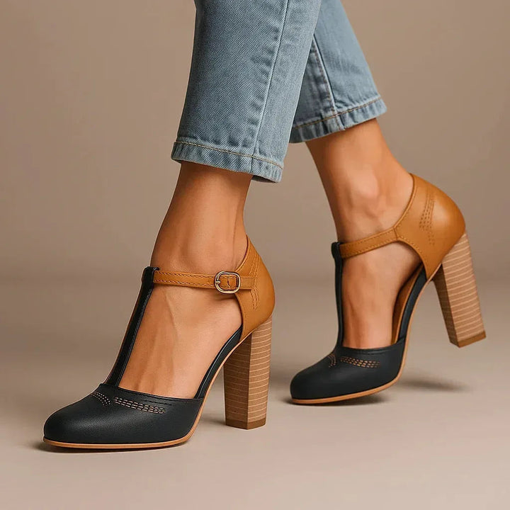 Classic two-tone block heel pumps for women, offering all-day comfort. Stylish and versatile daily wear work heels.