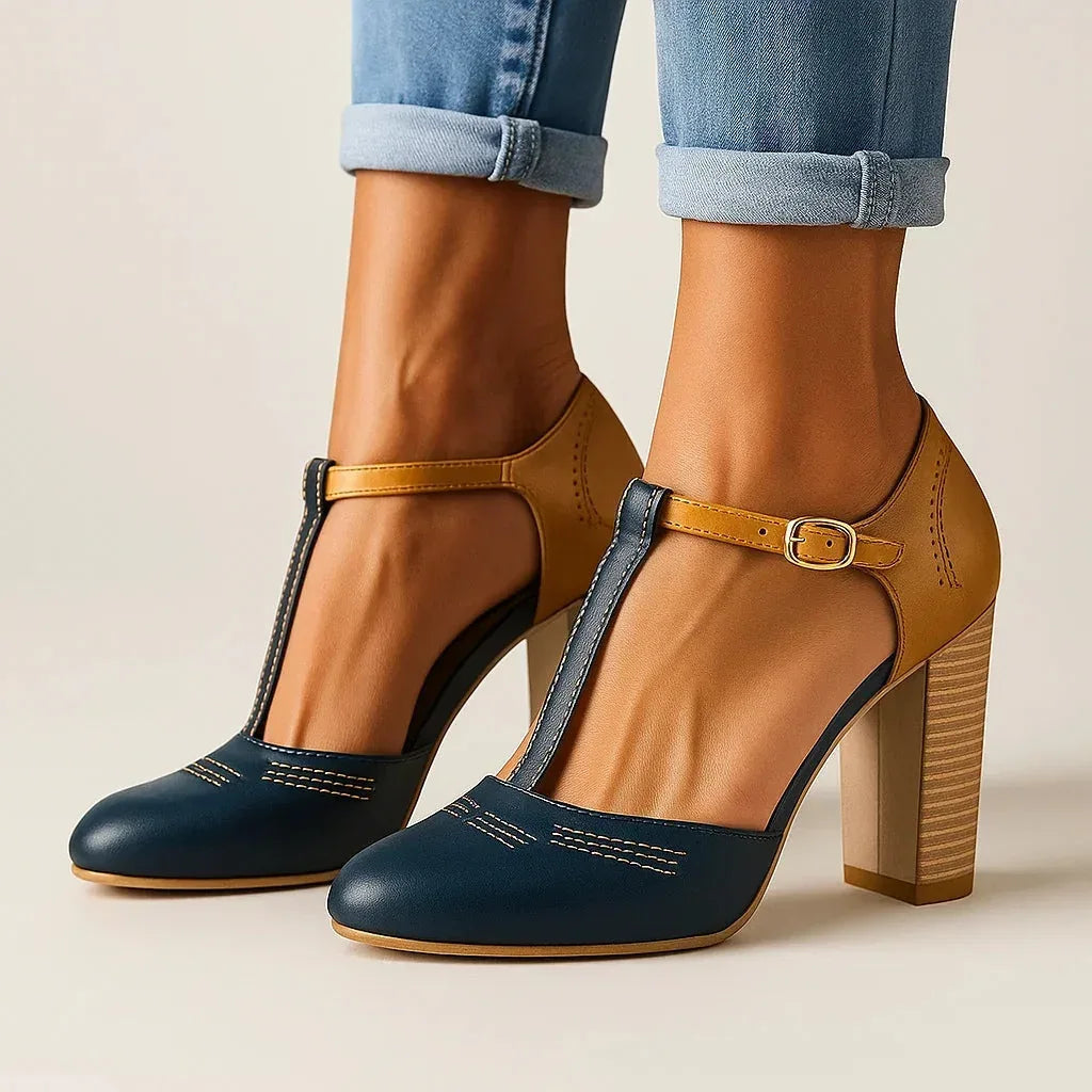 Women's comfortable two-tone pumps with sturdy block heels. Ideal versatile dress shoes for work and daily elegance.