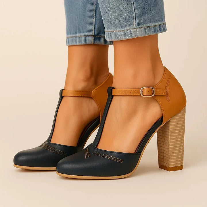 Modern two-tone block heel pumps for women's daily wear. Comfortable, versatile classic heels perfect for office or events.