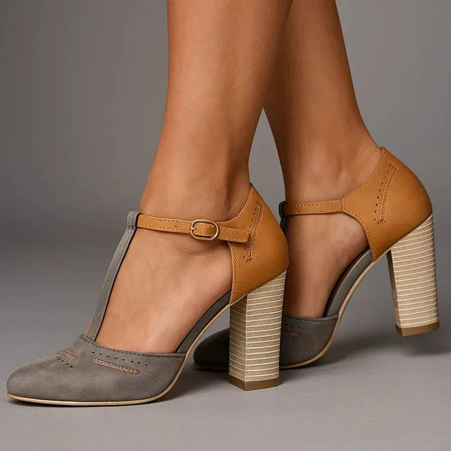 Versatile women's two-tone block heel pumps. Comfortable and stylish heels, perfect for work, daily use, or dress wear.