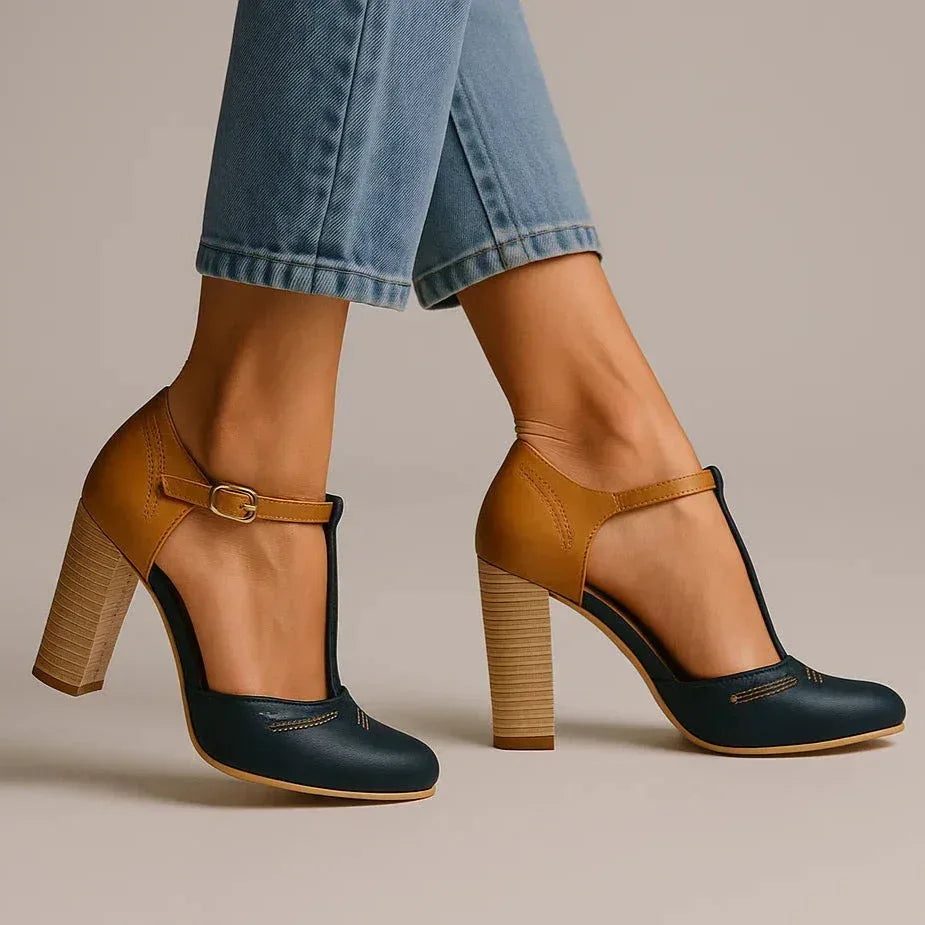 Professional two-tone block heel pumps for women. Comfortable and classic workwear heels, ideal for all-day office comfort.