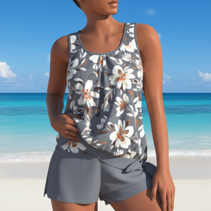 Stylish women's two-tone floral tankini top and bottoms, perfect summer swimwear for beach & pool.