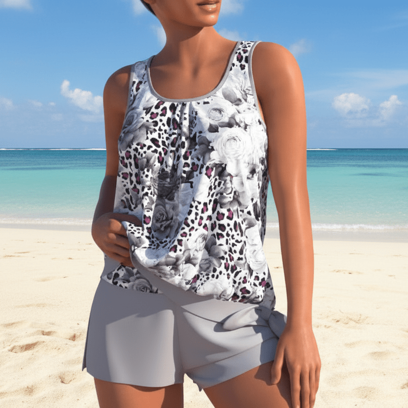 Detailed view of women's two-tone floral tankini top and bottom, premium swimwear for summer.