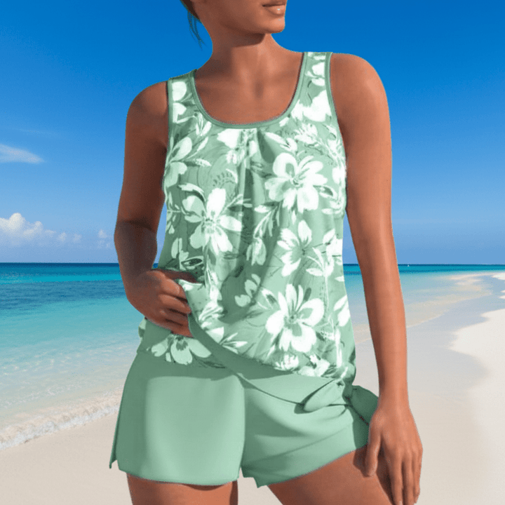 Women's elegant two-tone floral tankini set, must-have summer swimwear for any beach or pool activity.