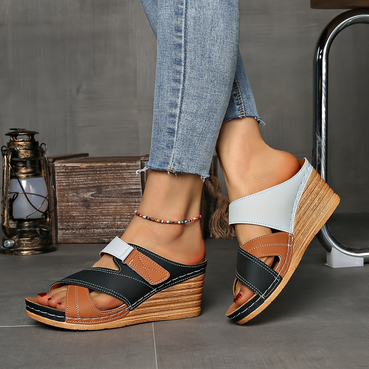 Versatile two-tone wedge slides, women's slip-on sandals perfect for all summer occasions.