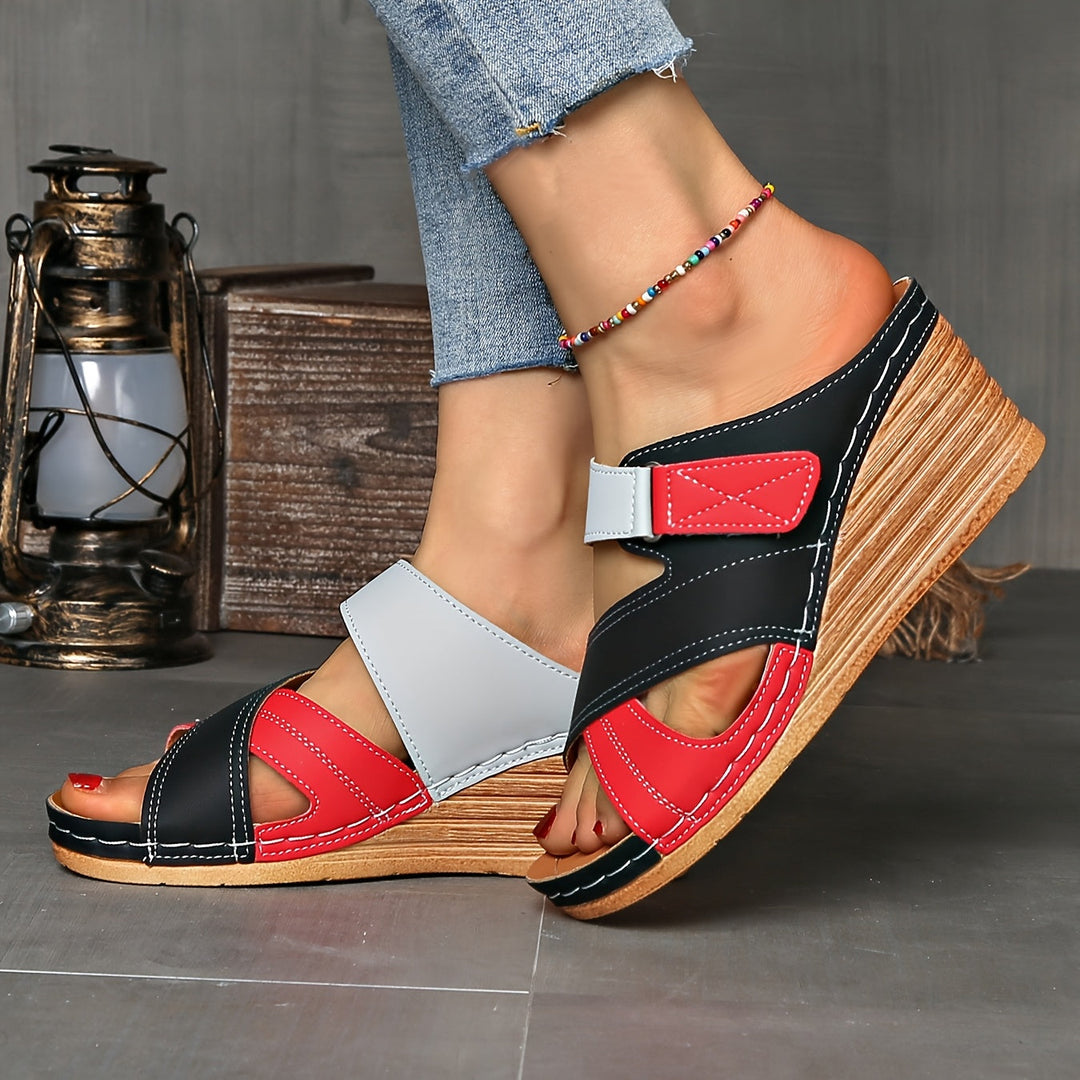 Elegant two-tone wedge slides with open-toe design, women's summer sandals for chic casual style.