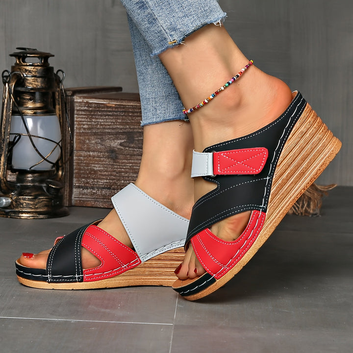 Elegant two-tone wedge slides with open-toe design, women's summer sandals for chic casual style.