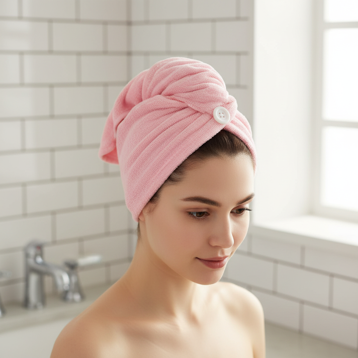 Women's ultra absorbent microfiber hair towel for quick drying & anti-frizz. Gentle hair care.