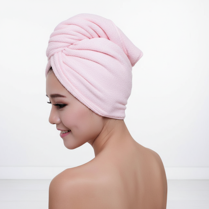 Quick dry hair towel for women. Absorbent microfiber wrap, hands-free solution for fast and easy hair care.
